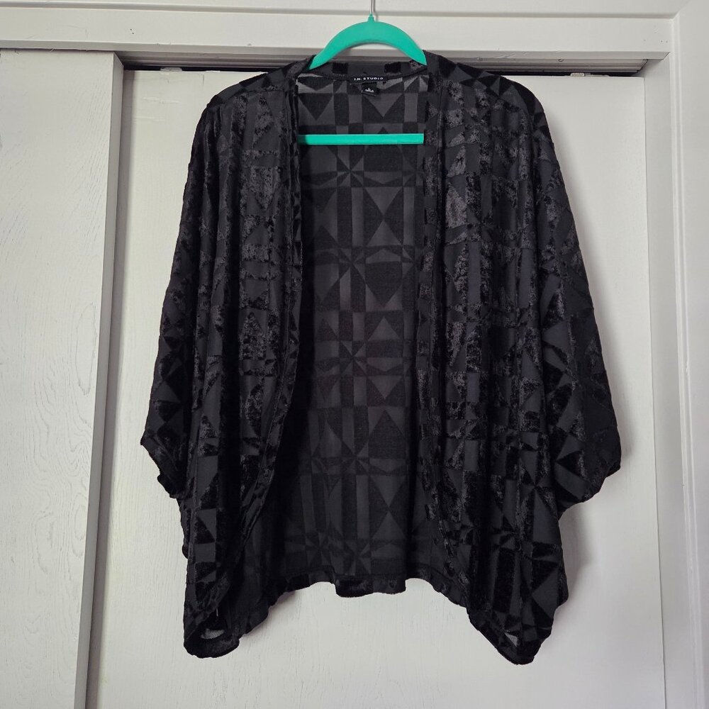 I.N. Studio L Black Velvet Cutout Shrug Cardigan Geometric Dolman Sleeve Burnout